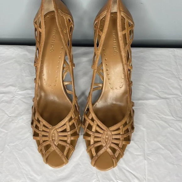 Maripe Rio Peep Toe Leather Shoes Tan Cutout Crossover Heels Retro Summer 11 - Picture 4 of 13